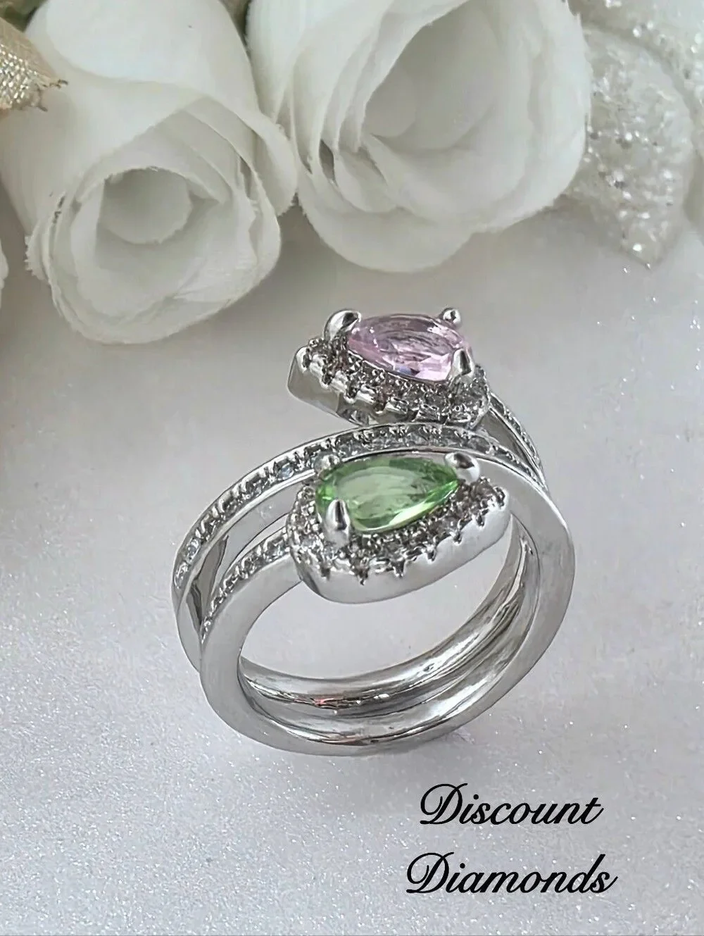Pink & Green Pear Cut Diamonds & Baguette Diamond Cocktail Ring on 925 Silver